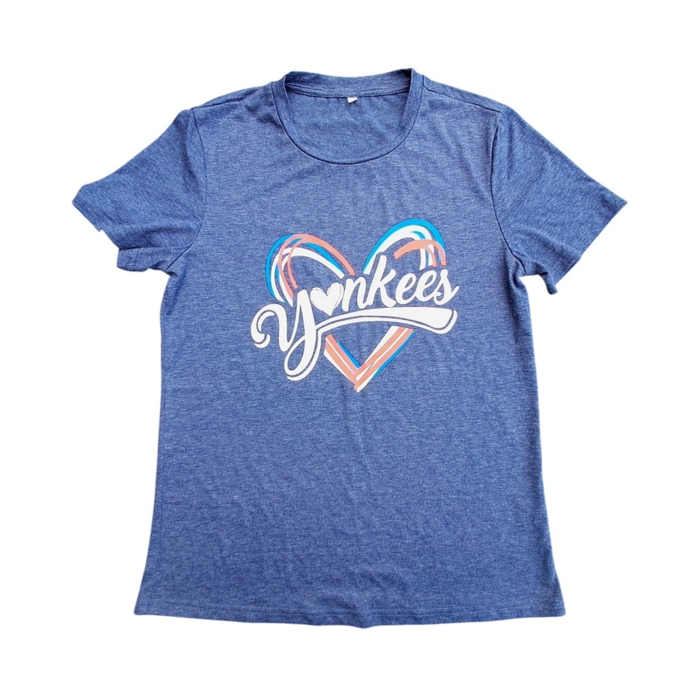 Blue Heather Yankees Heart Graphic T-Shirt Women Small Short Sleeve Baseball Tee